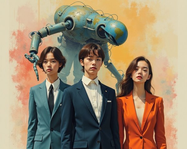 Three Individuals in Stylish Suits with Futuristic Robot