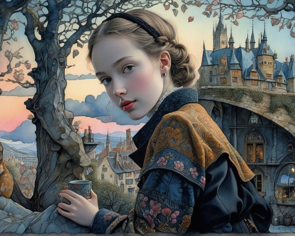 Young girl in elegant coat with whimsical landscape