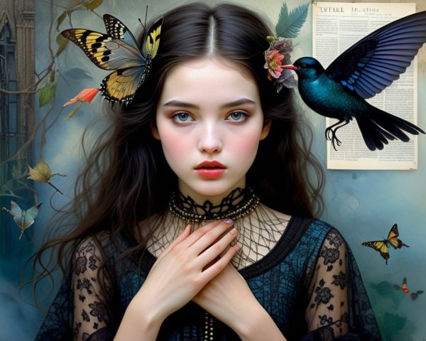 Young woman with butterflies in a dreamlike setting
