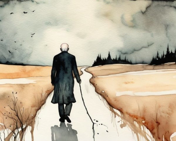 Elderly Figure Walking on a Winding Path in Nature