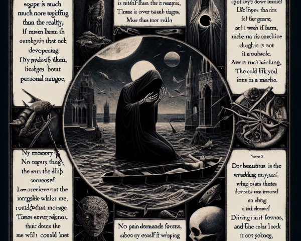 Surreal Dark Scene with Cloaked Figure in Turbulent Waters