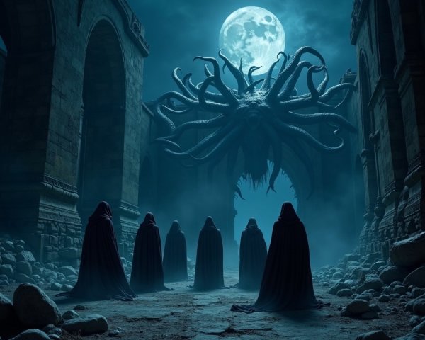 Cloaked Figures and Tentacled Creature in Dark Setting