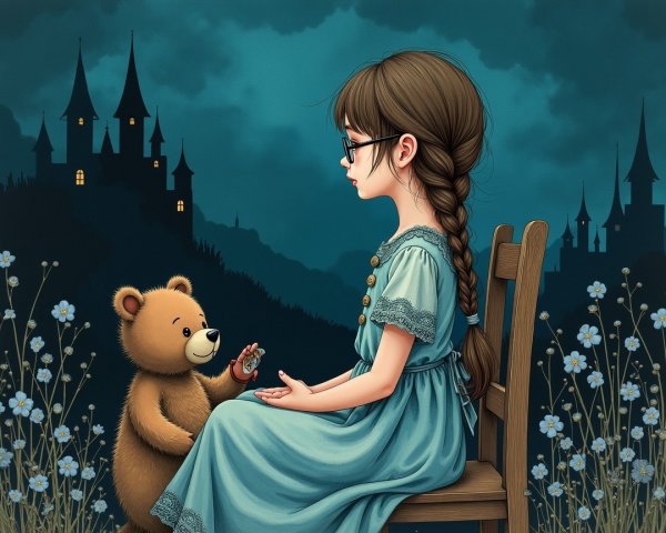 Young Girl with Teddy Bear in Twilight Scene