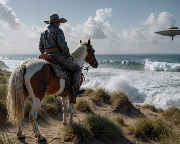 Cowboy on Beach with Futuristic Spaceship Above Ocean