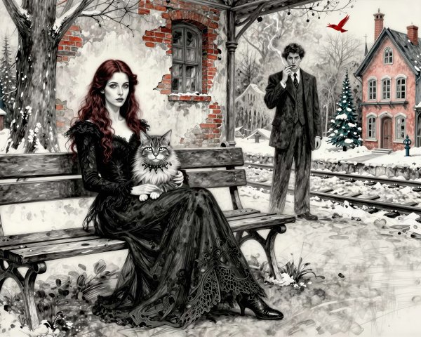 Winter Scene with Woman, Cat, and Colorful Details
