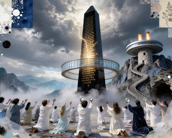 Futuristic Brutalist Obelisk with Worshipers and Landscapes