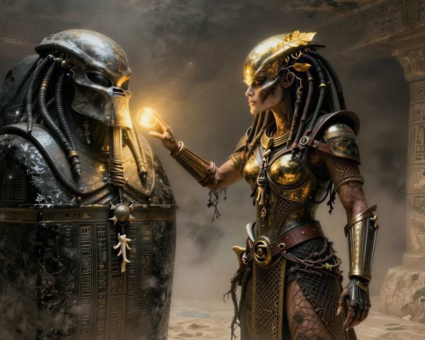 Fierce female warrior in Egyptian-inspired armor in temple