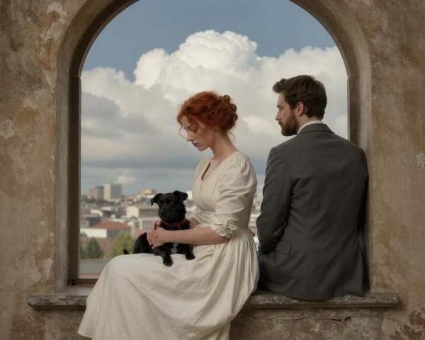 Worn Stone Ledge with Young Couple and Black Dog