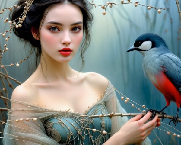 Young Woman with Colorful Bird in Dreamlike Forest