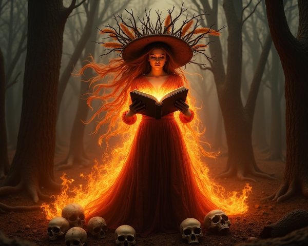 Sorceress in a Foggy Forest with Flames and Skulls