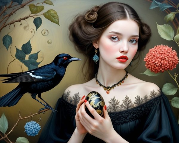 Portrait of a Young Woman with Black Dress and Egg