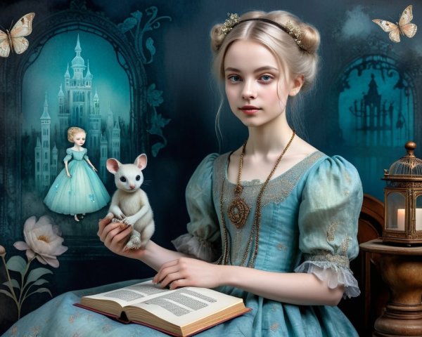 Young girl in blue dress with book and doll