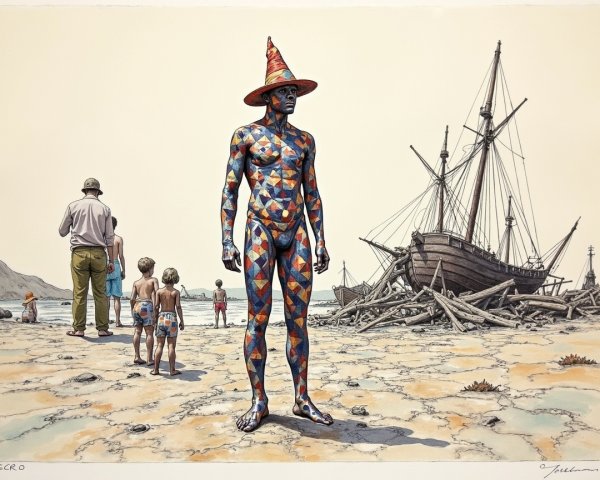 Surreal Beach Scene with Shipwreck and Colorful Figure