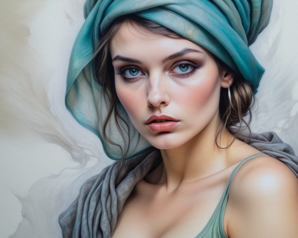 Portrait of a Young Woman with Blue Eyes and Headwrap