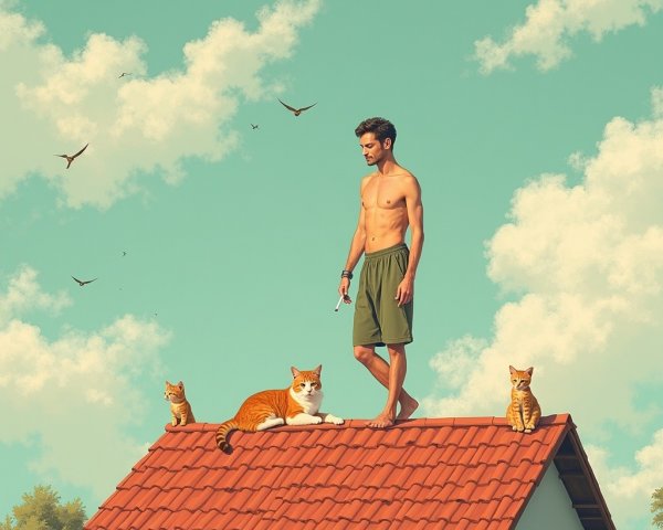 Young man with scissors and three cats on house roof