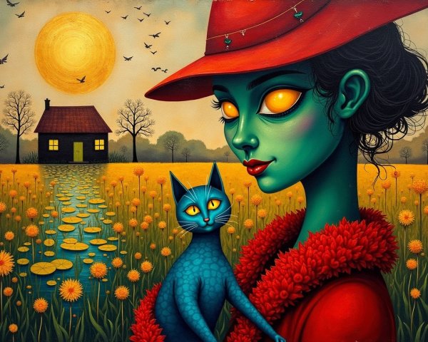 Surreal Woman with Green Skin and Vibrant Sunset Scene
