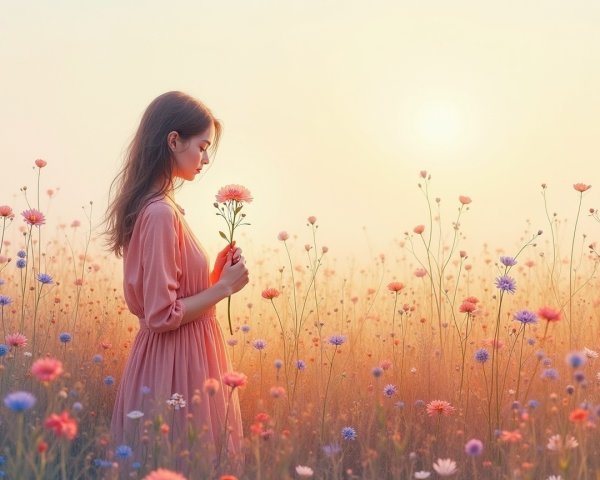 Young Woman in Flower Field at Sunset