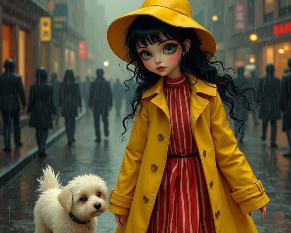 Girl in Yellow Raincoat with Dog on Rainy Street