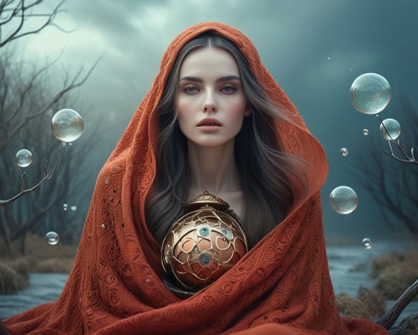 Mysterious Woman in Orange Cloak in Enchanted Landscape