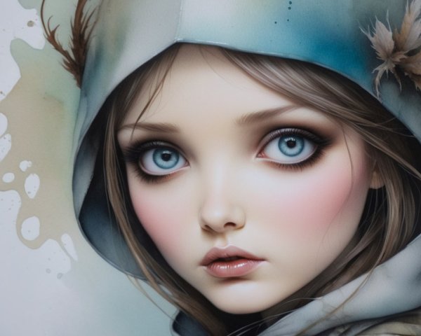 Close-up of a young girl with blue eyes and hood