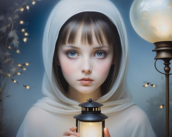 Young girl in white cloak holding glowing lantern