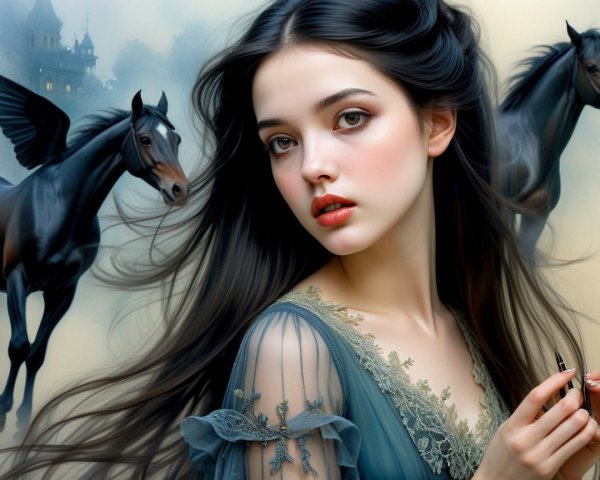Young woman in blue dress with mystical horses and castle