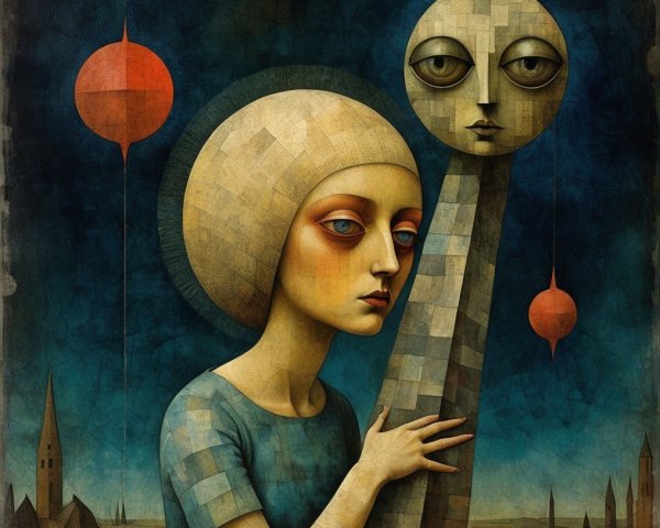 Young Woman and Abstract Figure in Earthy Tones