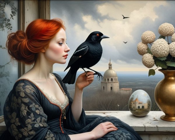 Serene Woman with Red Hair and Black Bird by Window