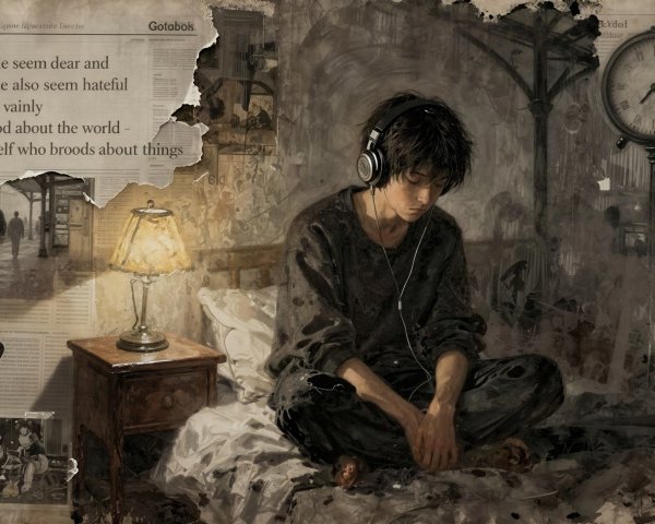 Young man in dark clothes sits on rumpled bed