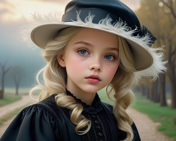 Young girl in black dress on misty tree-lined path