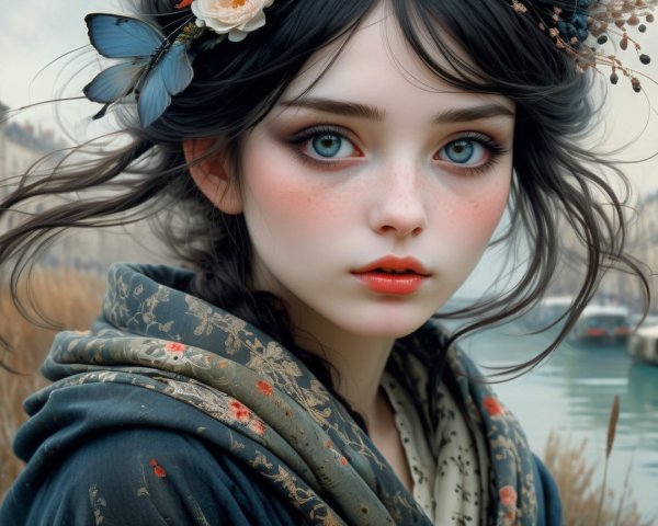 Portrait of a Young Woman with Blue Eyes and Cloak