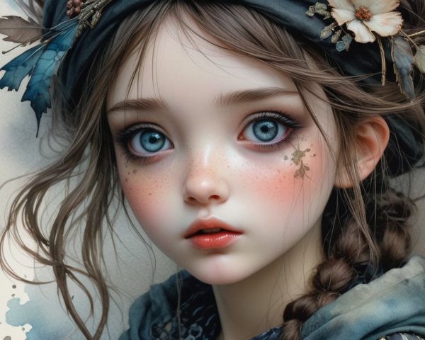 Portrait of a Young Girl with Blue Eyes and Freckles