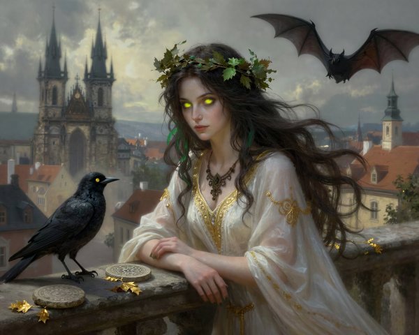 Fantasy Oil Painting of Woman and Gothic Cityscape
