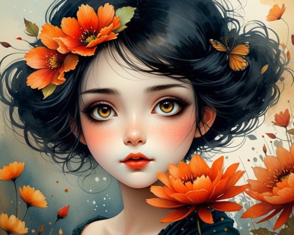 Illustration of a Young Woman with Flowers and Butterflies