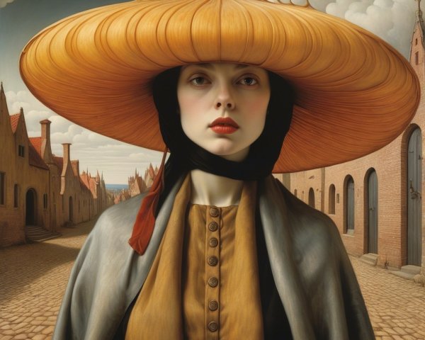 Woman in oversized orange hat on cobbled street