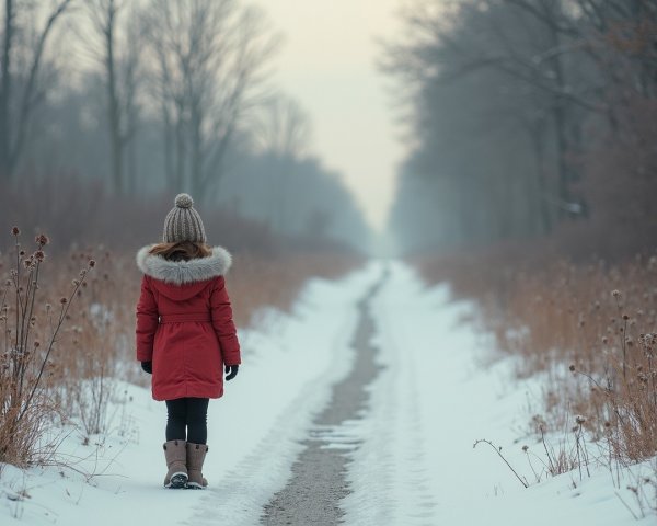 Child in red coat walking a snowy path with trees