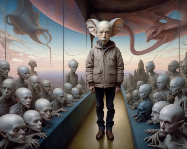 Humanoid Figure Among Alien Beings in Surreal Landscape