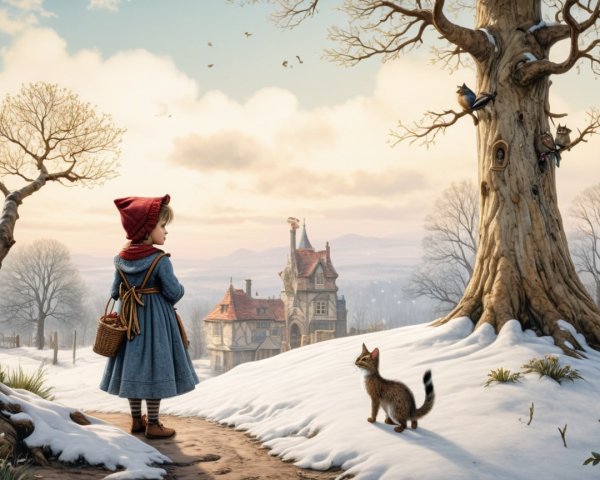 Young girl in red hood on snowy path near cottage