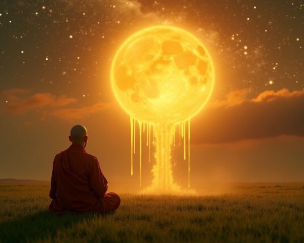 Monk Meditating Under a Melting Yellow Moon