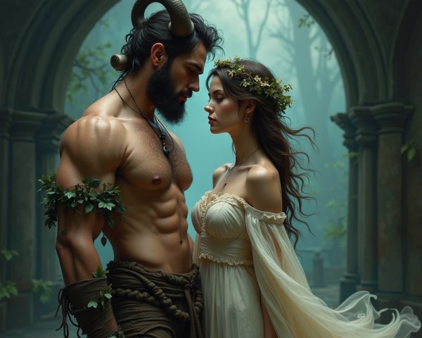 Mystical Forest Scene with Horned Figure and Woman