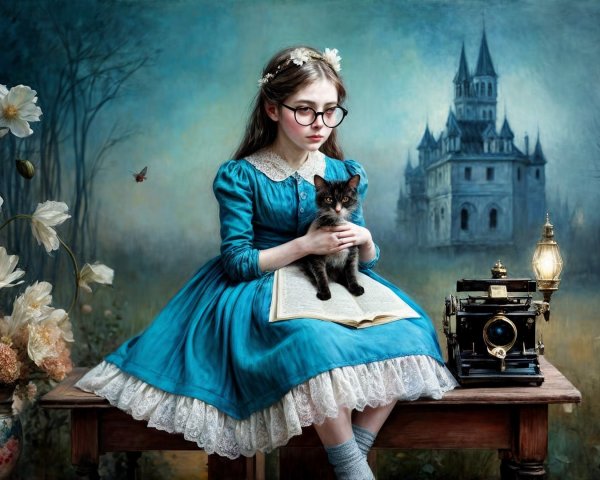 Young girl in blue dress with cat in dreamy landscape