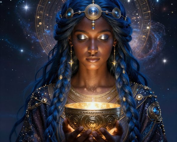 Elegant Black Woman with Blue Braids and Gold Bowl
