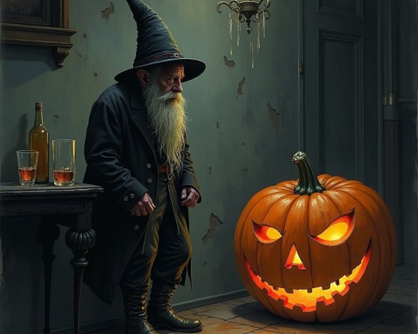 Elderly Wizard and Glowing Pumpkin in Dim Room