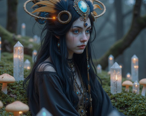 Young woman in mystical forest with crystals and mushrooms