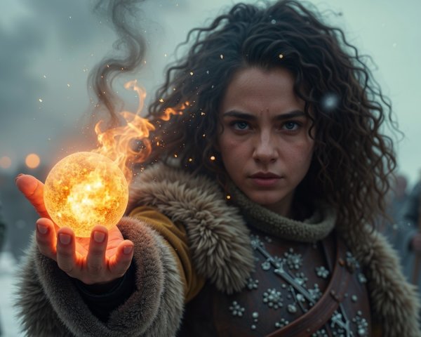 Fierce warrior with fire orb in snowy battlefield