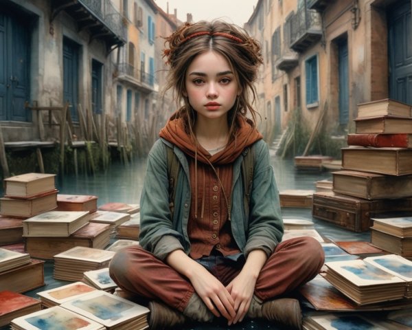 Young girl on books in a serene Venetian setting