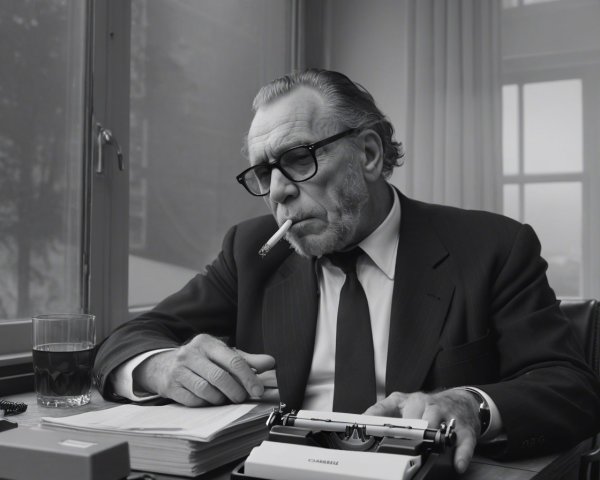 Distinguished Man in Suit at Desk with Whiskey and Typewriter