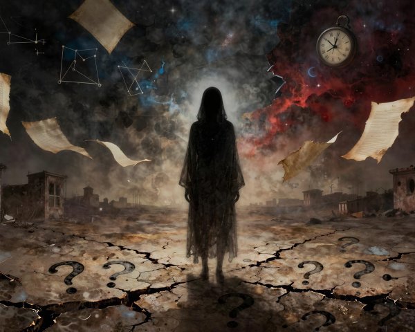 Ethereal Dark Figure in Post-Apocalyptic Landscape