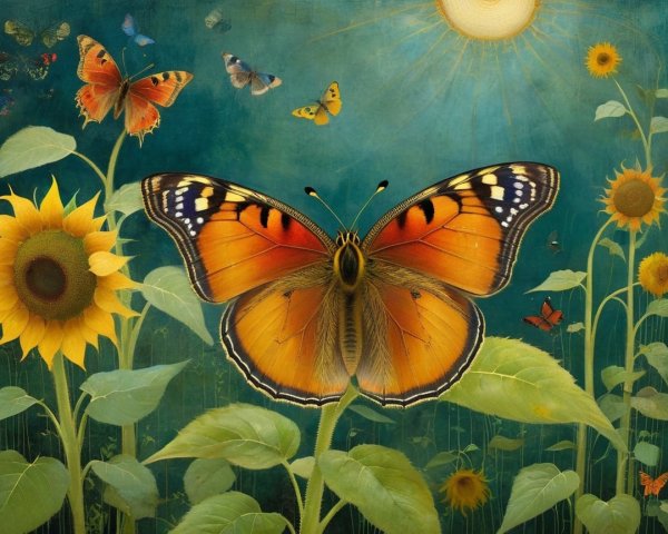 Large Orange and Black Butterfly Amidst Sunflowers
