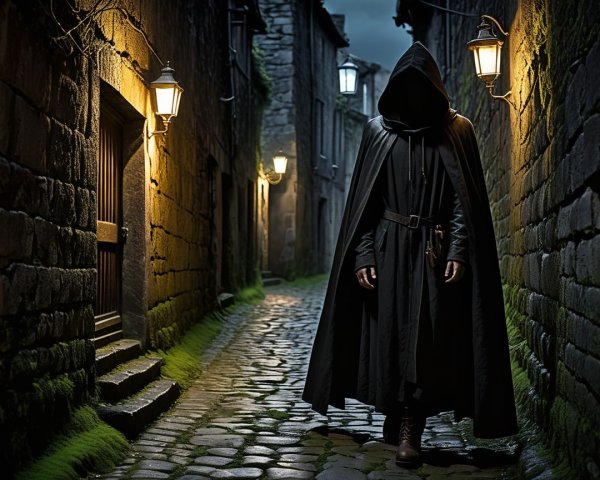 Cloaked Figure in a Lantern-Lit Cobblestone Alley
